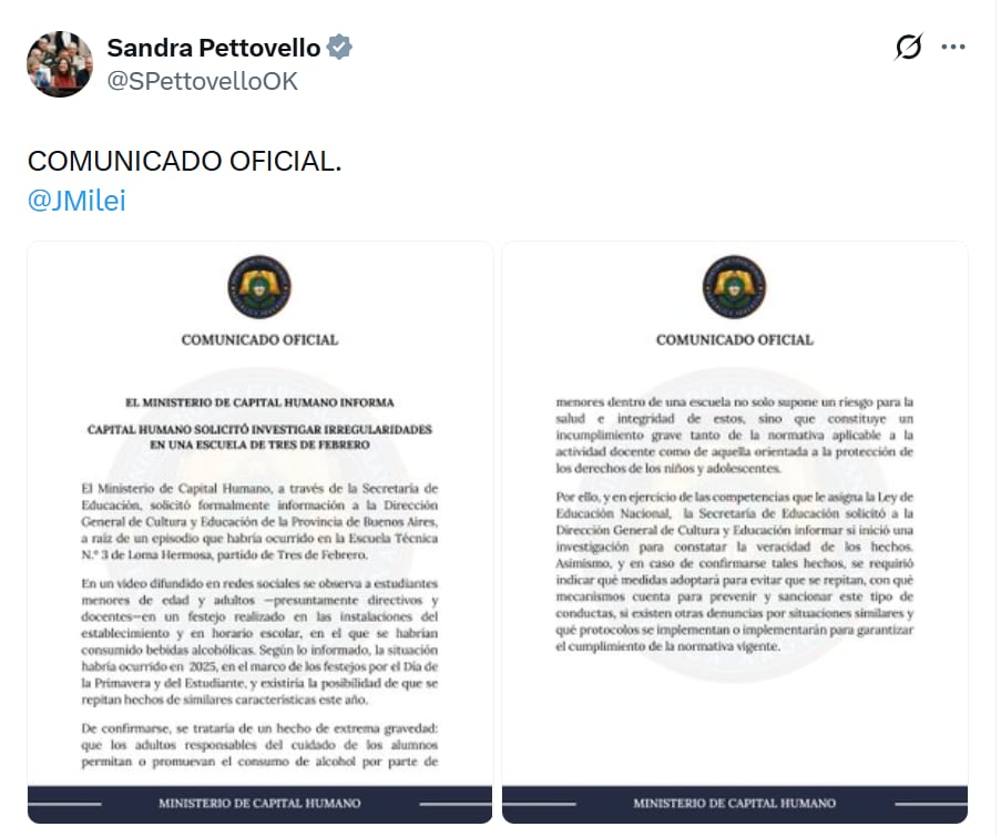 Pettovello compartió el comunicado