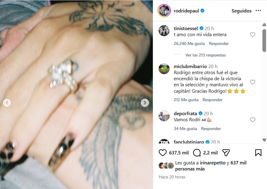 Así es el lujoso anillo que Rodrigo De Paul le regaló a Tini Stoessel para sellar su amor 5 El posteo de Rodrigo De Paul