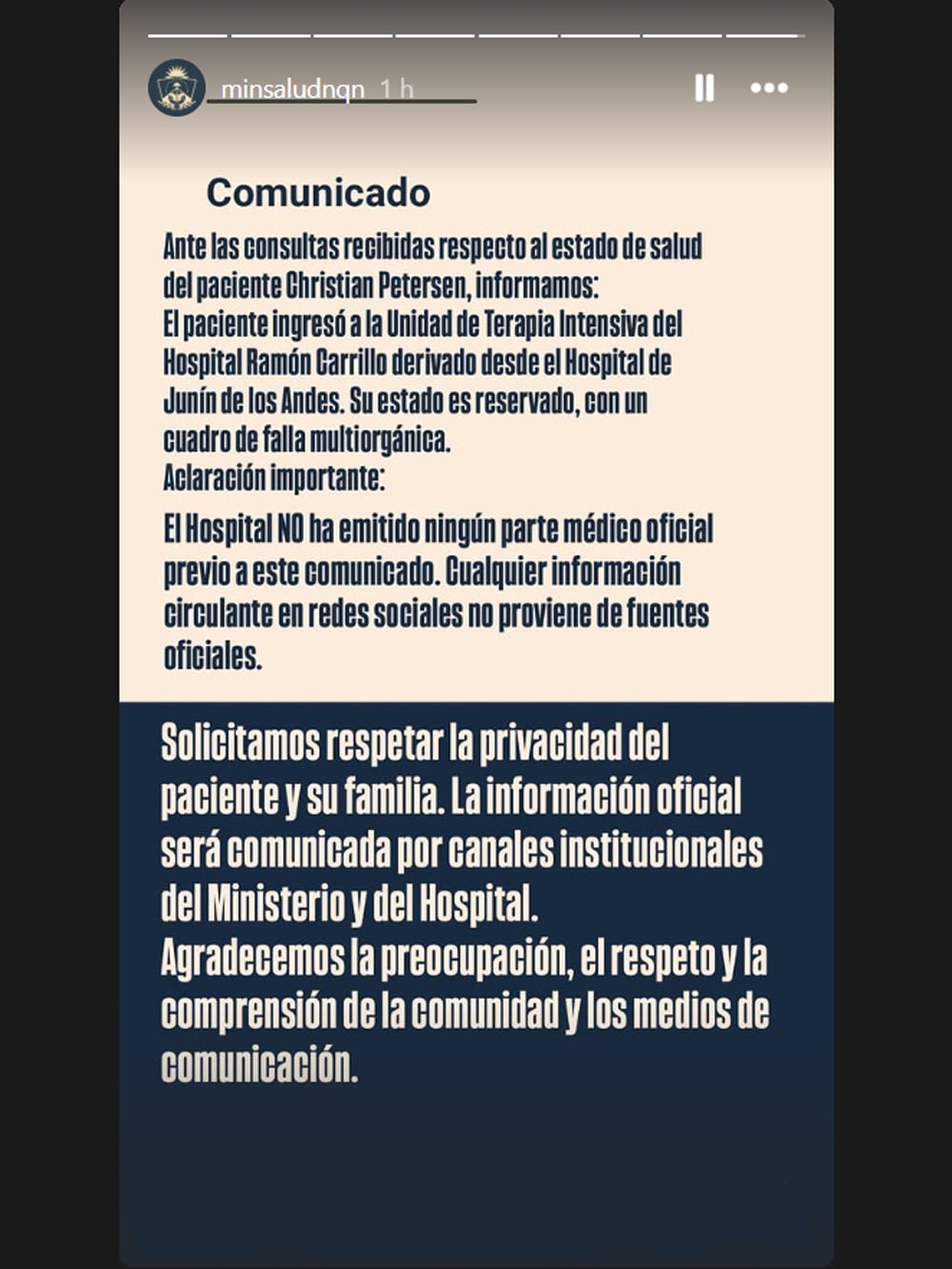 El comunicado difundido por el Ministerio de Salud de la provincia de Neuquén acerca del estado de salud de Christian Peterson