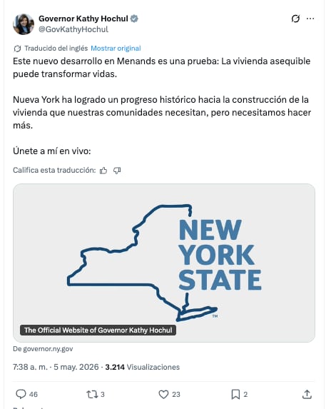 Kathy Hochul anunció la importancia de la vivienda asequible en sus redes sociales
