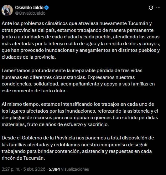 El posteo del gobernador de Tucumán ante el trágico temporal ocurrido durante las últimas horas.
