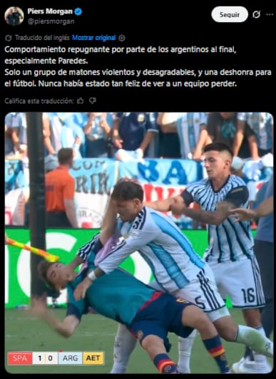 El periodista británico, Piers Morgan, dijo que la conducta de los jugadores argentinos tras la derrota ante España fue
