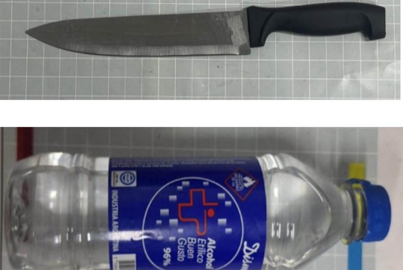 La cuchilla y la botella de alcohol etílico que le secuestraron al agresor