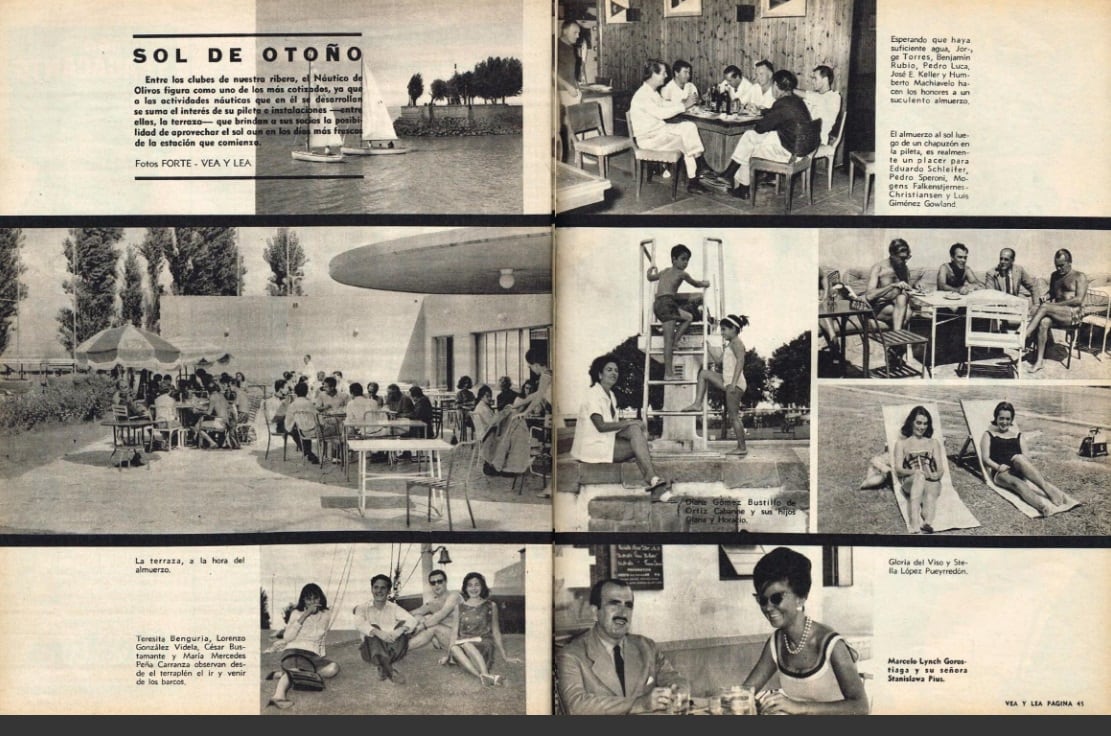 Actividad social en las instalaciones del Club Náutico Olivos, registradas por el gran fotógrafo Eduardo Forte para la revista Vea y Lea, el 11 de abril de 1963. Conocido inicialmente como Olivos Boat Club había abierto sus puertas en 1921.