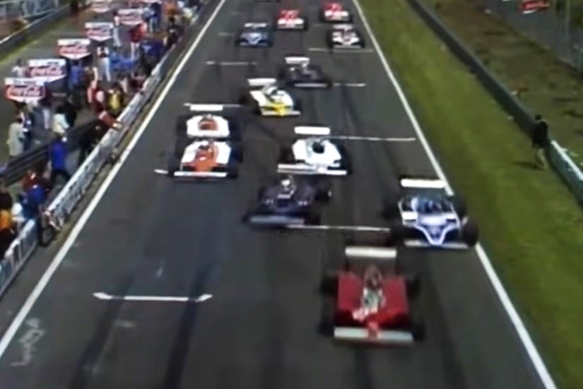 El momento del impacto: a la izquierda se ve como el Arrows de Stohr se lleva por delante al de Patrese; en el medio de ambos, el mecánico Luckett