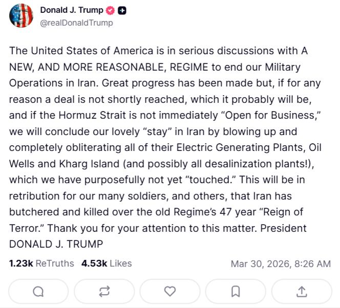 Captura de pantalla de la publicación de Trump. Fuente: Truth Social