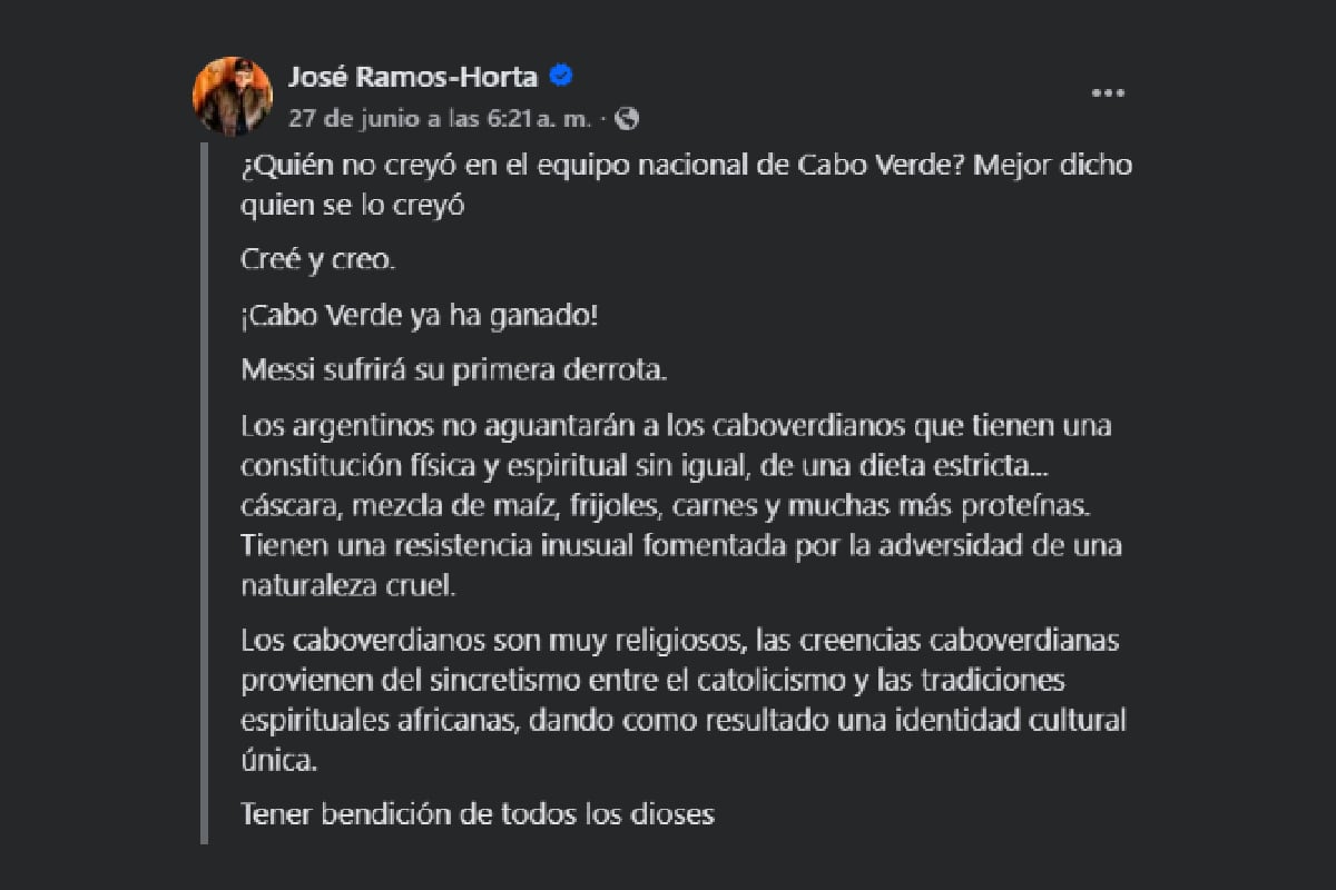 El presidente de Timor Oriental, José Ramos-Horta, agitó la previa del duelo entre la Argentina y Cabo Verde por los 16avos de final del Mundial 2026.