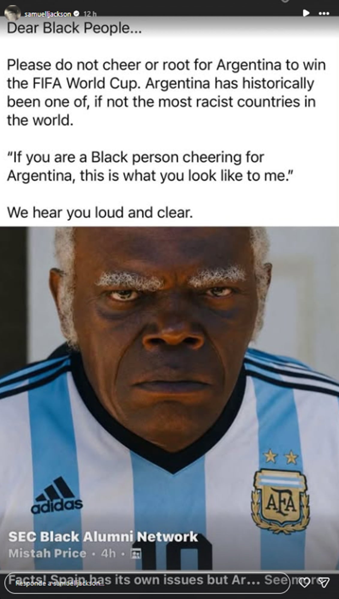 La inesperada publicación de Samuel L. Jackson contra los argentinos