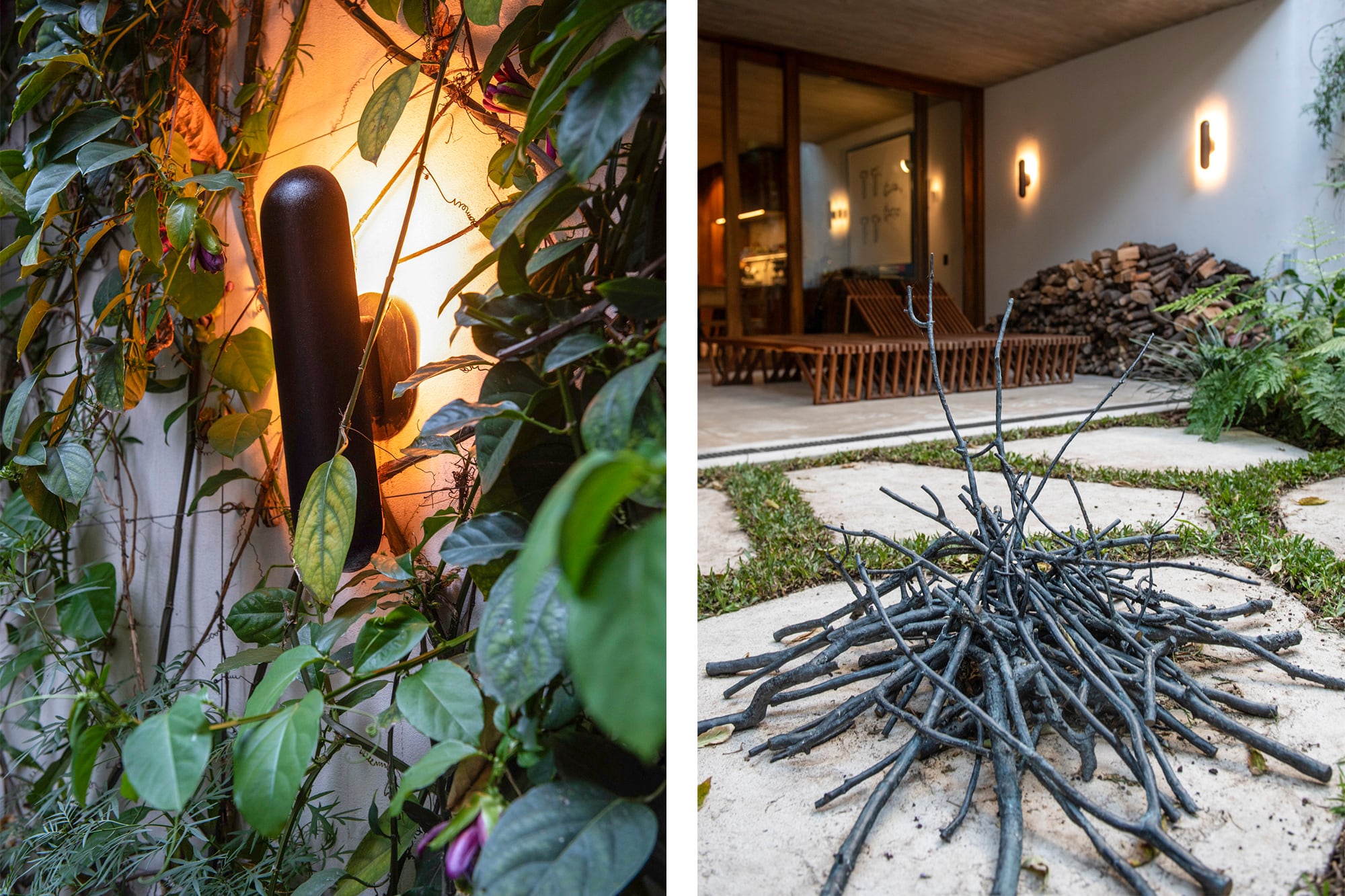 Artefactos de iluminación sutil e indirecta aportan clima sin provocar encandilamientos (izq.). De cerca, escultura del artista Federico Colletta (der.)