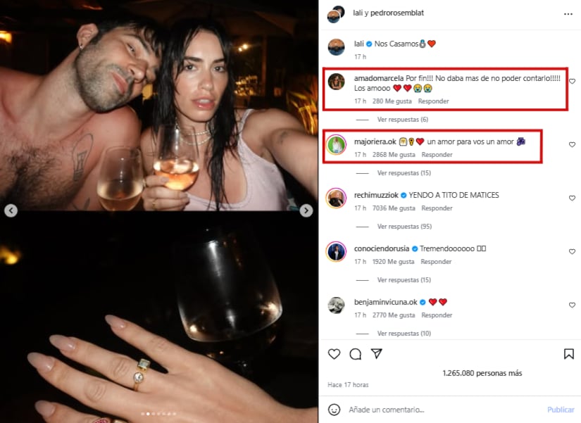 Los mensajes de Marcela Amado y María José Riera, las madres de Rosemblat y Espósito, luego de que se hiciera pública la noticia (Foto: Instagram @lali)