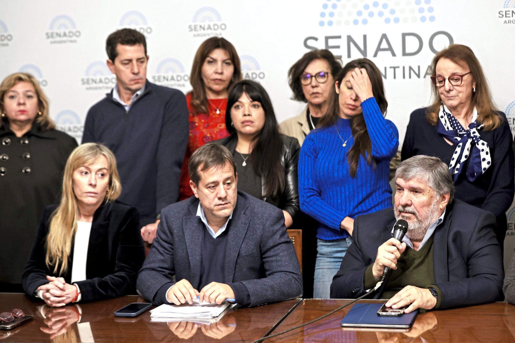 Juliana Di Tullio, Mariano Recalde y José Mayans, presidente del bloque de Unión por la Patria en el Senado