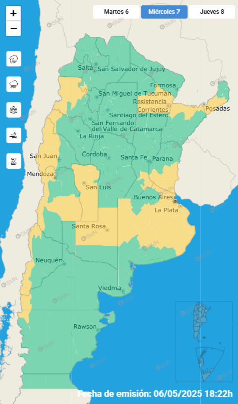 Las alertas emitidas por el SMN para este miércoles 7 de mayo.