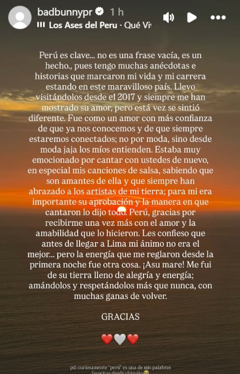 El emotivo mensaje de Bad Bunny hacia el pueblo de Perú