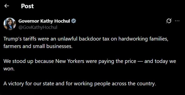 La gobernadora de Nueva York celebró la decisión de la Corte Suprema de invalidar los aranceles globales impuestos por la administración de Donald Trump