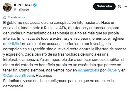 La respuesta de Jorge Rial, tras las acusaciones del Gobierno (X: @rialjorge)