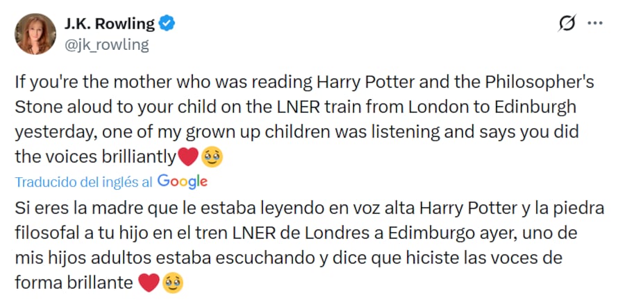 El episodio que relató J.K. Rowling sobre una madre que le leyó Harry Potter a su hijo en el tren