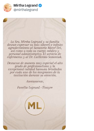 El comunicado de la familia luego de que Mirtha Legrand recibiera el alta (Foto: X @mirthalegrand)