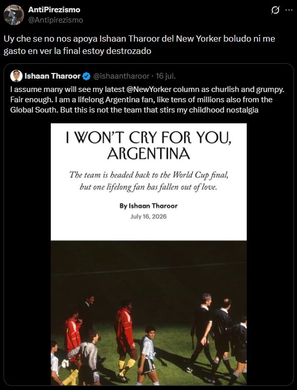 La columna del hincha “desenamorado” de la Argentina en la revista The New Yorker que generó indignación en internet 10 Otra de las publicaciones contra la columna del periodista de The New Yorker