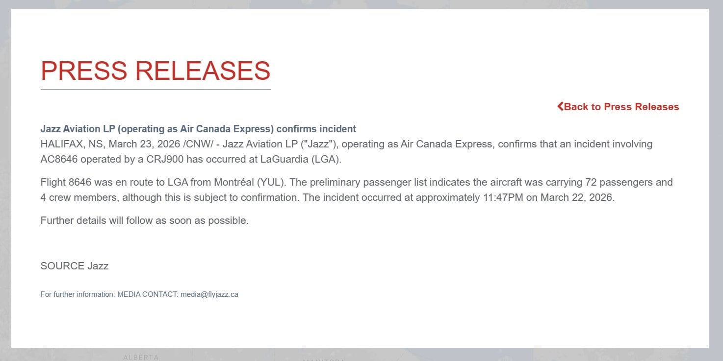 El comunicado de Jazz Aviation LP, que opera como Air Canada Express, sobre el incidente