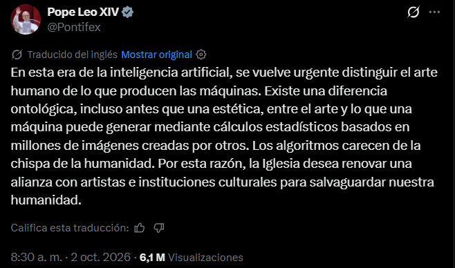 El comentario del Papa León XIV sobre el impacto de la inteligencia artificial y el arte