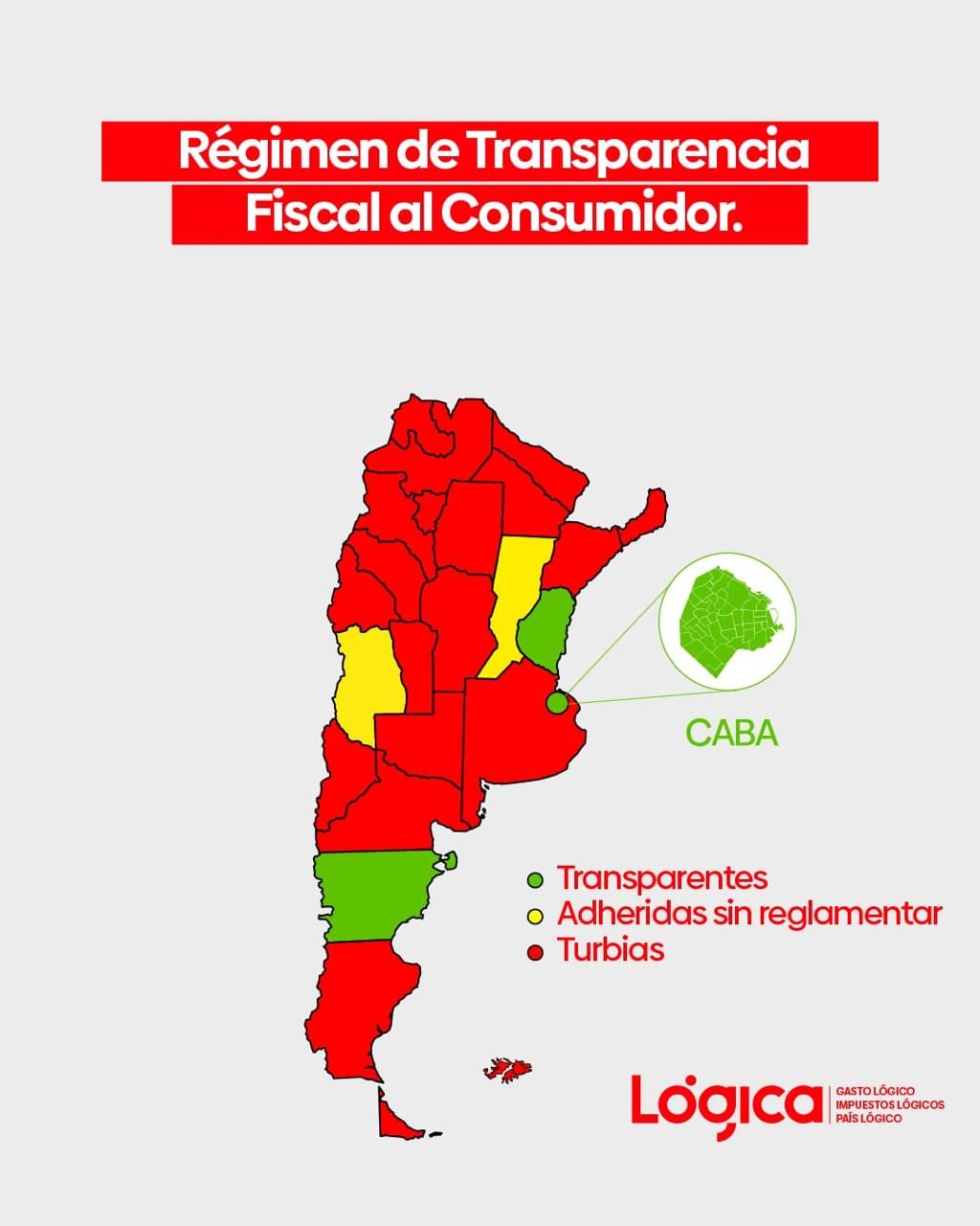 Un mapa elaborado por la ONG Lógica muestra las provincias que ya reglamentaron el Régimen de Transparencia Fiscal al Consumidor y aquellas que todavía no avanzaron con la implementación