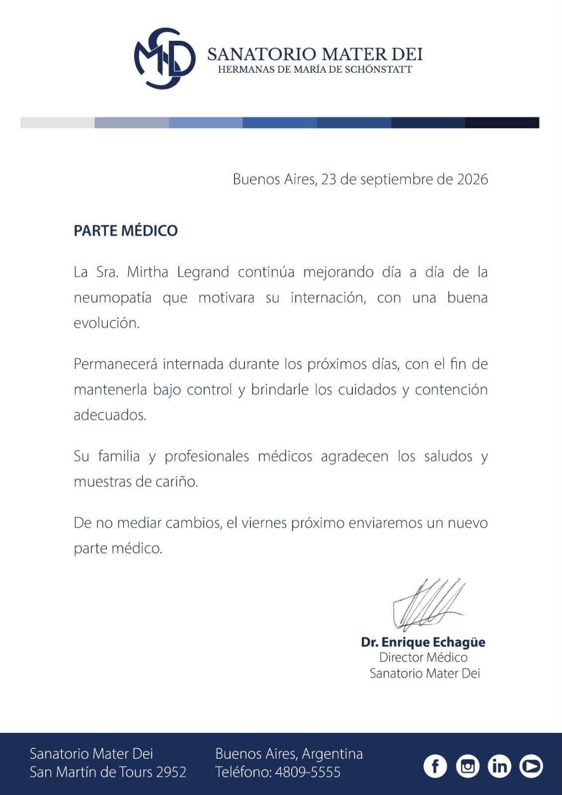 El nuevo parte médico de Mirtha Legrand