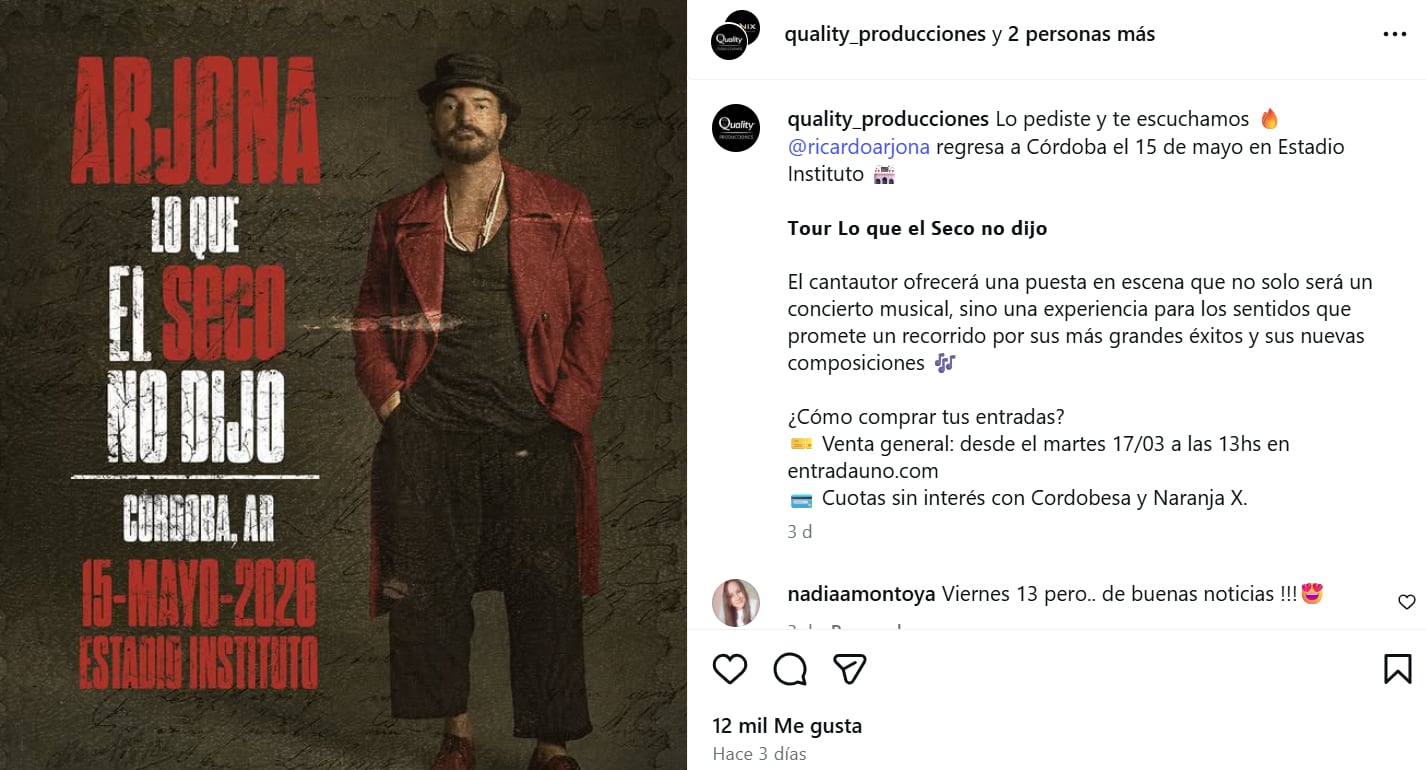 El 15 de mayo Ricardo Arjona ofrecerá un show en Córdoba