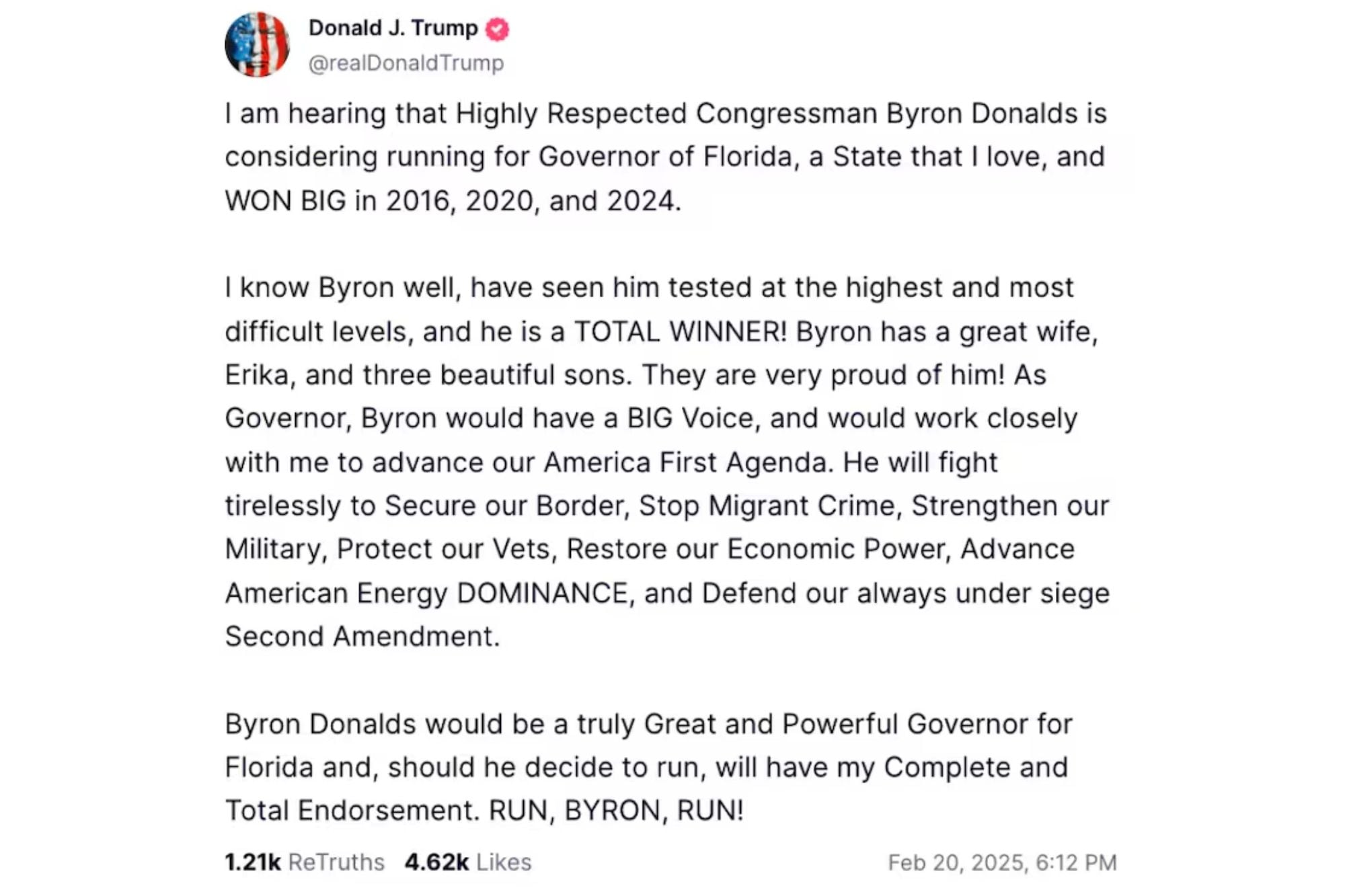 El presidente aseguró que trabajaría de manera estrecha con Donalds en caso de ganar los comicios del 3 de noviembre