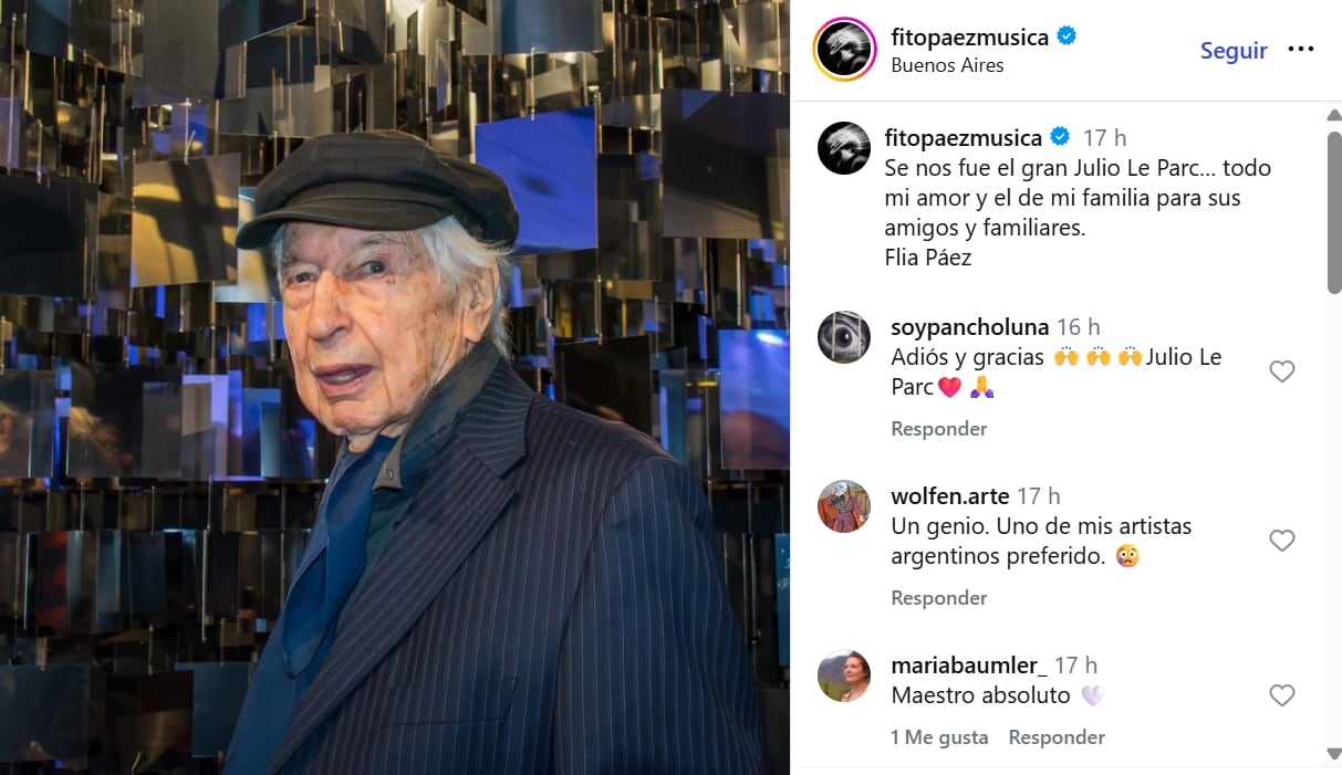 De Juliana Awada a Bizarrap: los famosos que despidieron a Julio Le Parc 8 Las palabras con las que Fito Páez despidió a Julio Le Parc