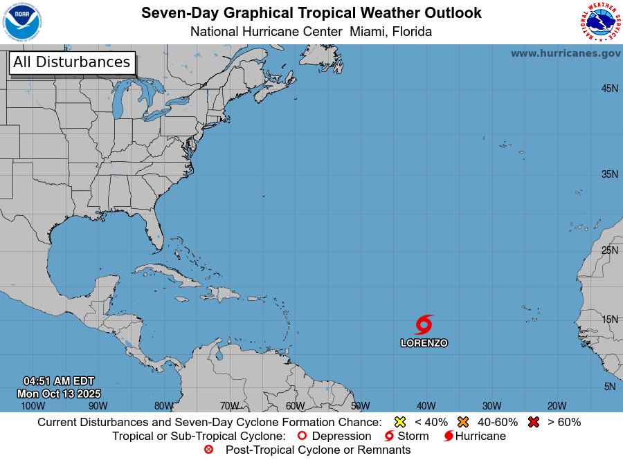 El Centro Nacional de Huracanes informó que la depresión AL97 evolucionó en la tormenta tropical Lorenzo, ubicada en torno a los 14,2° N y 40,3° O, con vientos máximos sostenidos de 45 millas por hora (72 km/h)