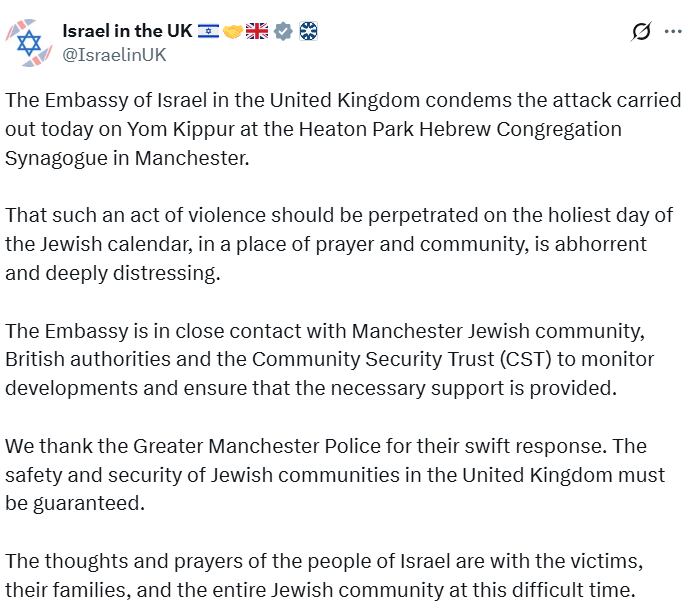 La embajada de Israel en Reino Unido condenó el ataque a la Sinagoga (Fuente: @IsraelinUK)