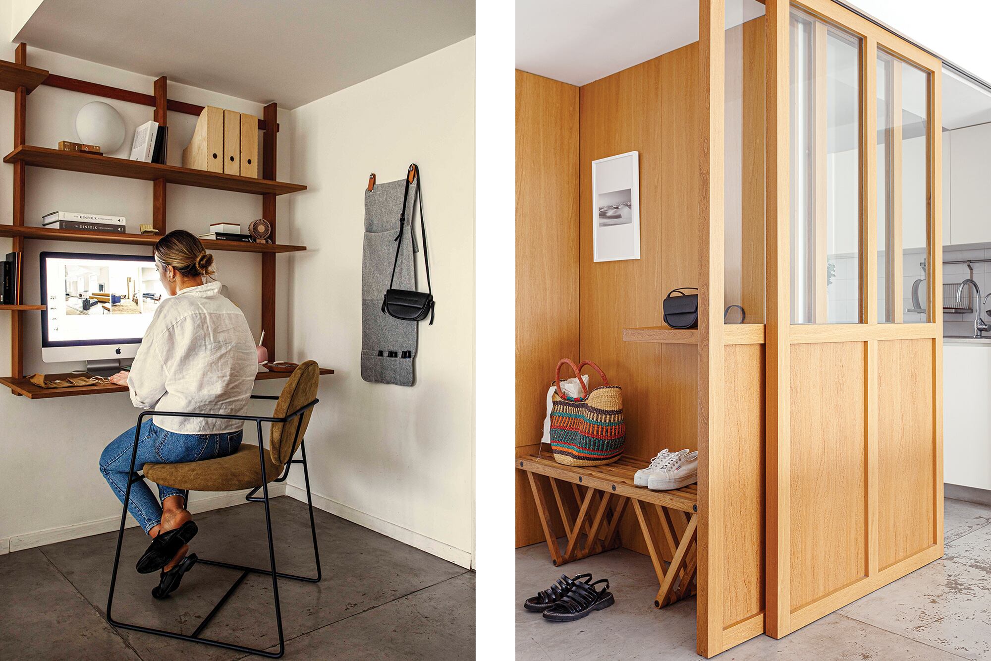 La mampara es de vidrio y guayabo, la misma madera que recubre el hall (todo diseño de Sofía Ledesma).