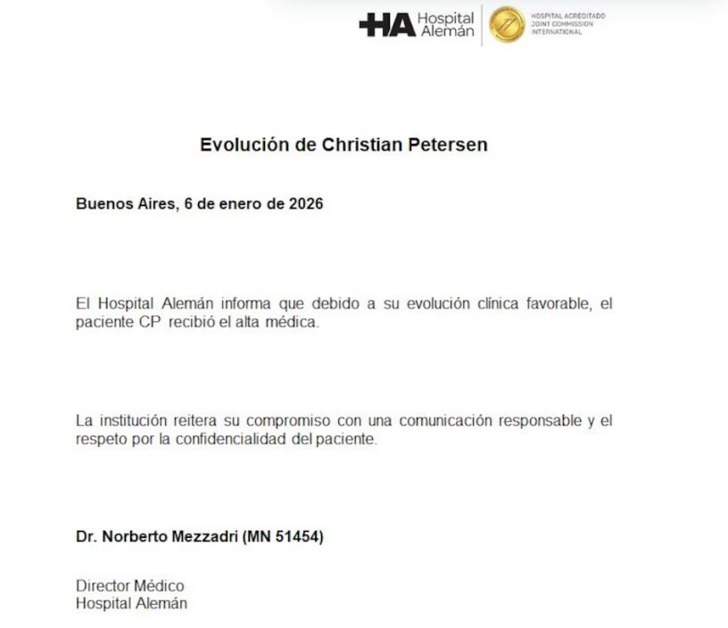 El documento que evidencia el alta médica de Christian Petersen.