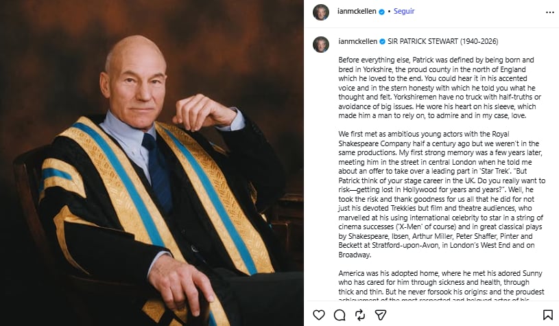 La emotiva despedida de Ian McKellen a Patrick Stewart (Foto: Instagram @ianmckellen)