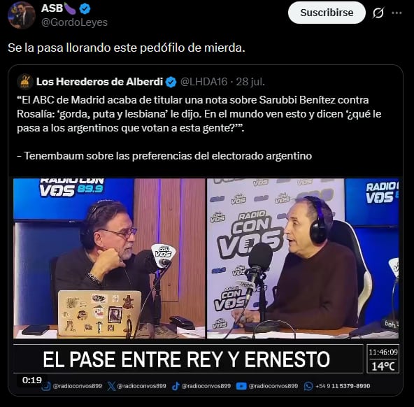 Desde el streaming oficialista Carajo, el abogado Alejandro Sarubbi Benítez propuso “esterilizar” a los bonaerenses o tirarles napalm 9 Sarubbi Benítez contra el periodista Ernesto Tenembaum