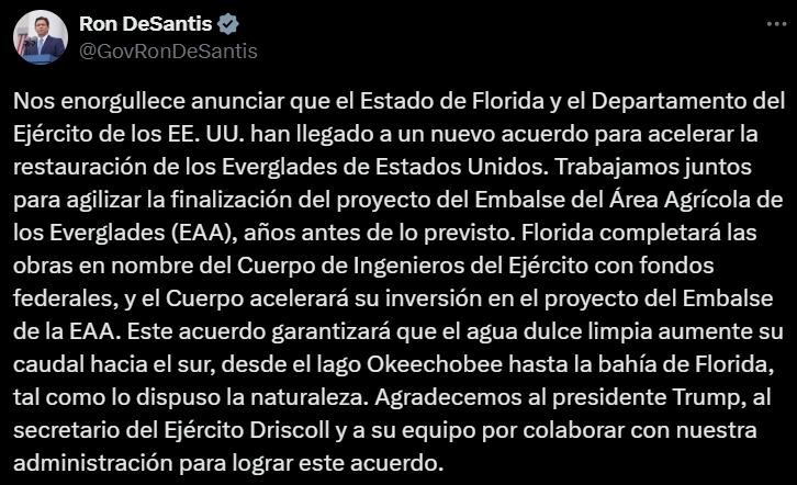 DeSantis destacó el apoyo del expresidente Trump y del secretario del Ejército Driscoll en lograr este acuerdo que elimina trabas burocráticas y optimiza fondos federales para la restauración ecológica