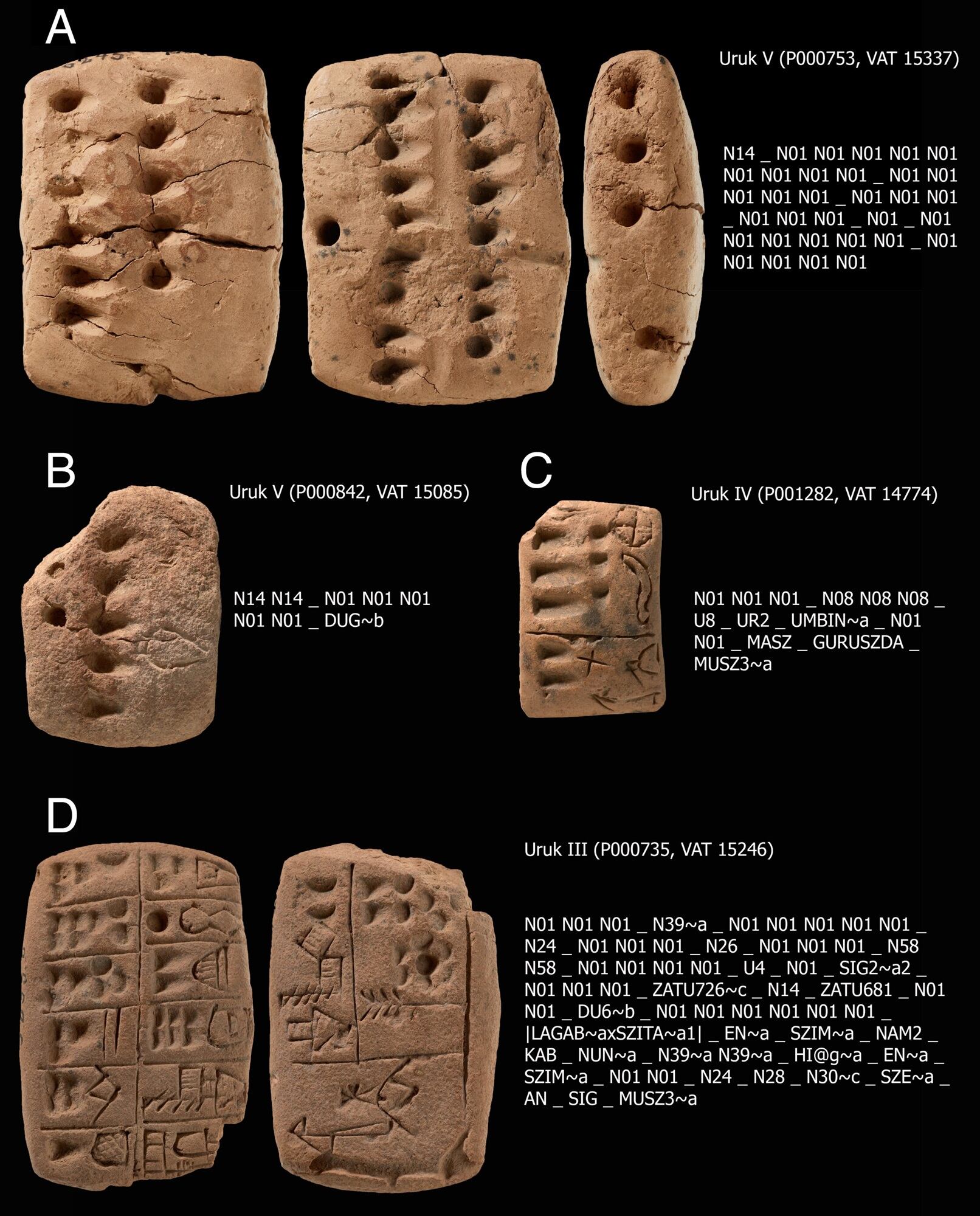 Ejemplos de tablillas protocuneiformes de Uruk, desde Uruk V hasta Uruk III