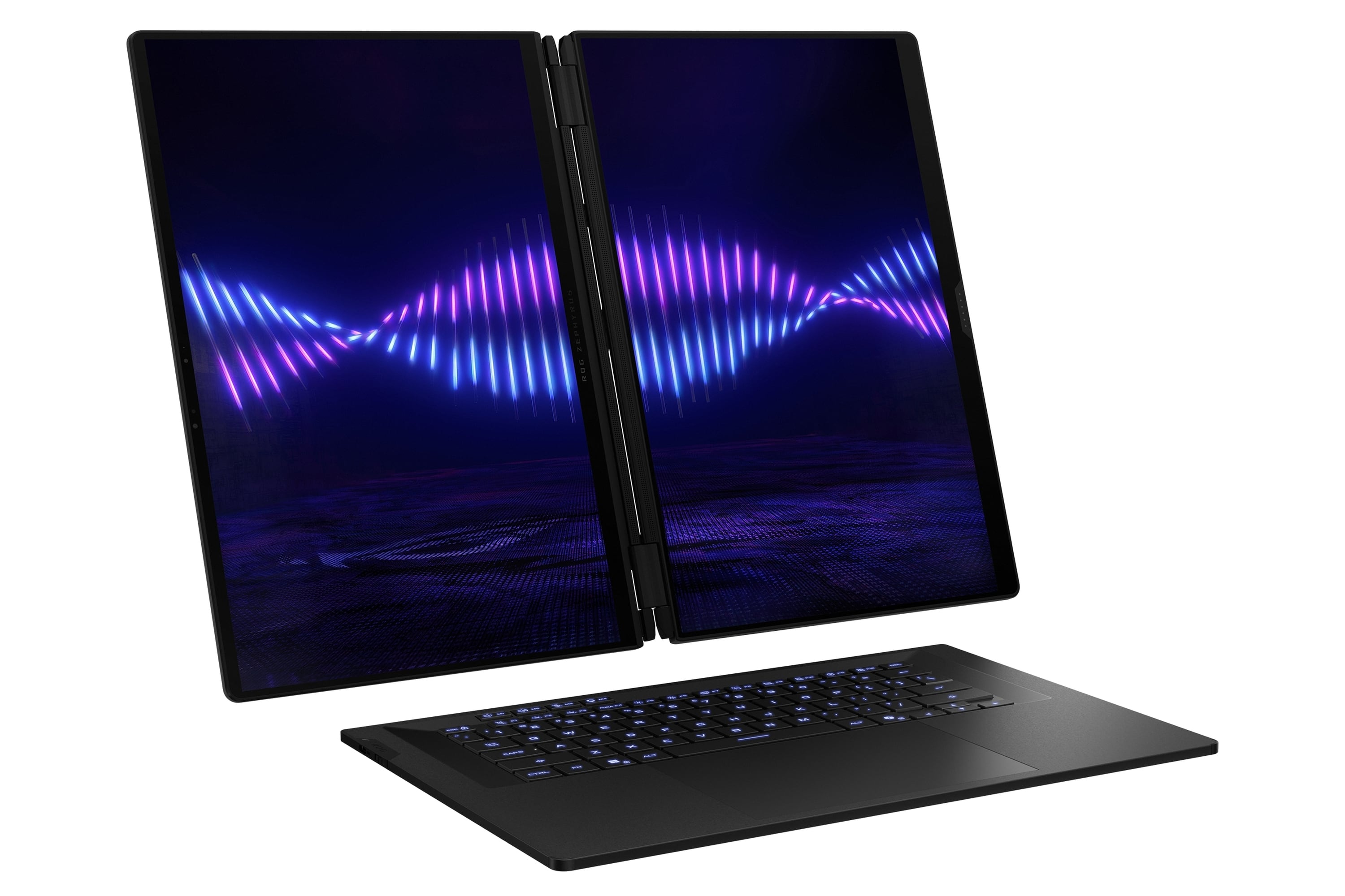 Una ROG Zephyrus Duo 2026; con el teclado desmontable se pueden usar las dos pantallas de 14 pulgadas, unidas por una bisagra, en múltiples configuraciones