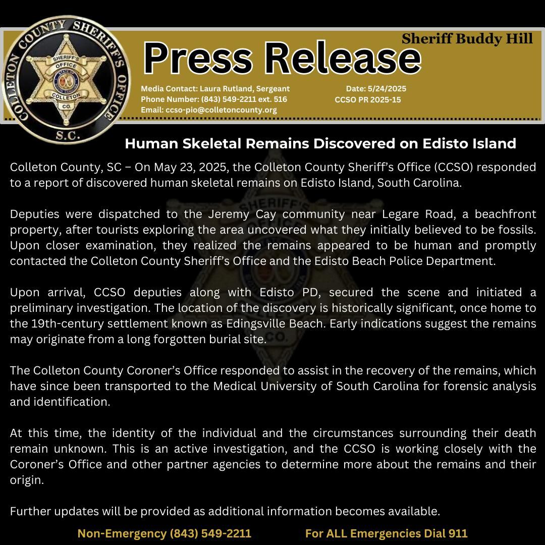 Comunicado oficial (foto: Colleton County Sheriff's Office)