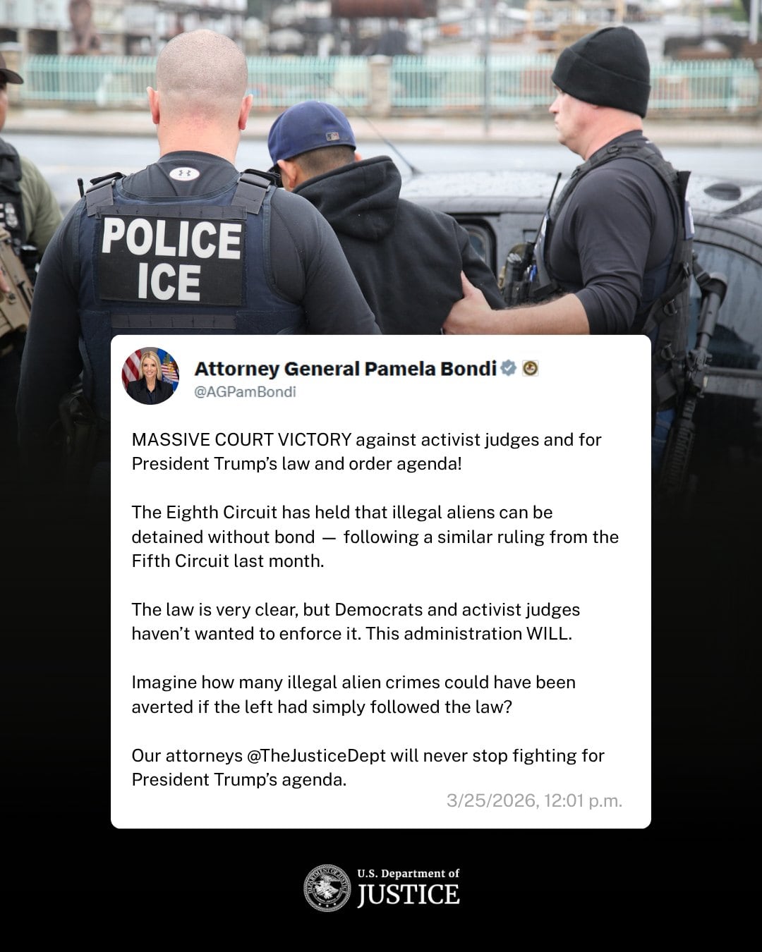 El Departamento de Justicia respaldó a Pam Bondi sobre las detenciones de migrantes