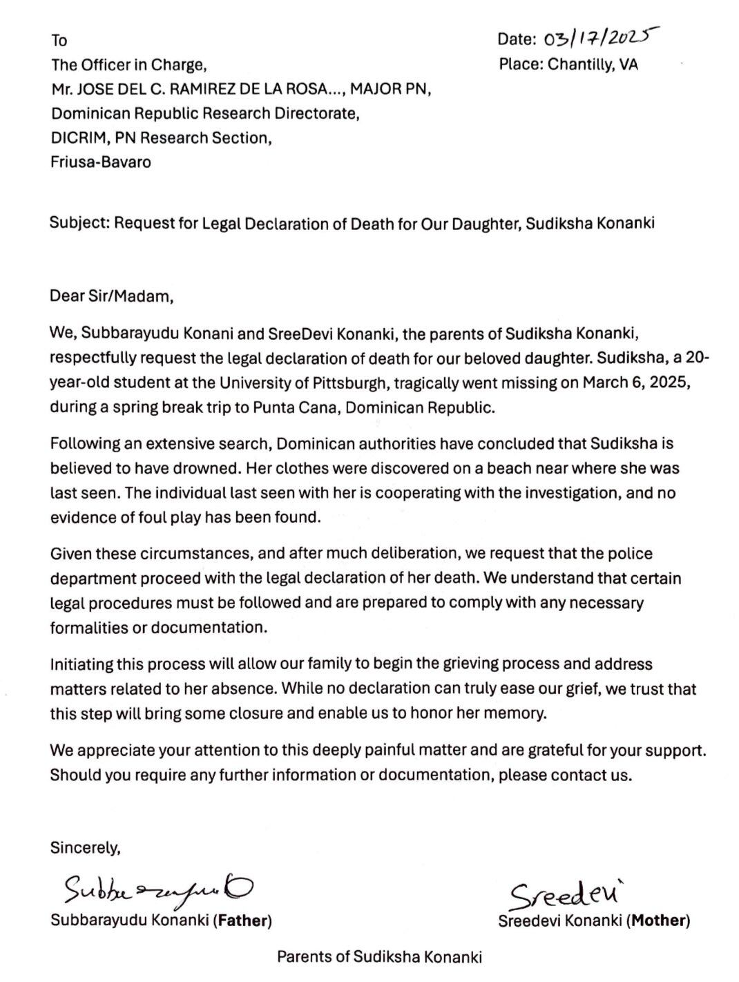 La familia de Sudiksha Konanki, la joven estadounidense desaparecida en un hotel de Punta Cana, solicitó a la Policía Nacional de la República Dominicana la emisión de una