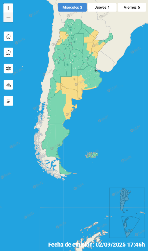 Las alertas emitidas por el SMN para este miércoles 3 de septiembre.