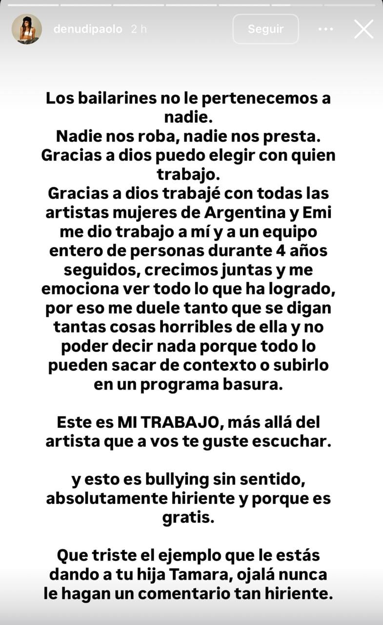 El mensaje de Denu Di Paolo, una de las bailarinas de Emilia Mernes (Foto: Instagram @denudipaolo)