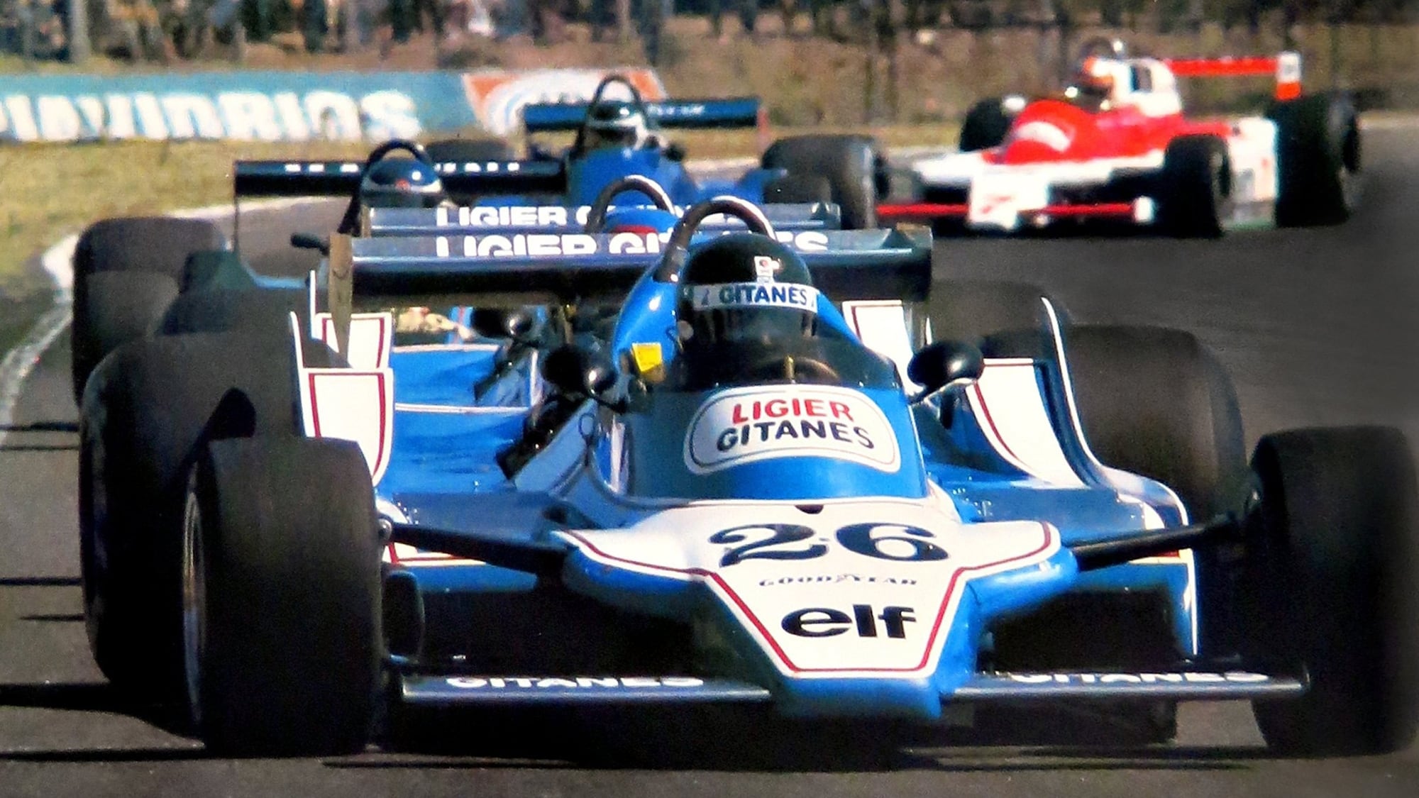 Laffite, Depailler y Reutemann liderando la prueba en el autódromo de Buenos Aires a fines de los setenta