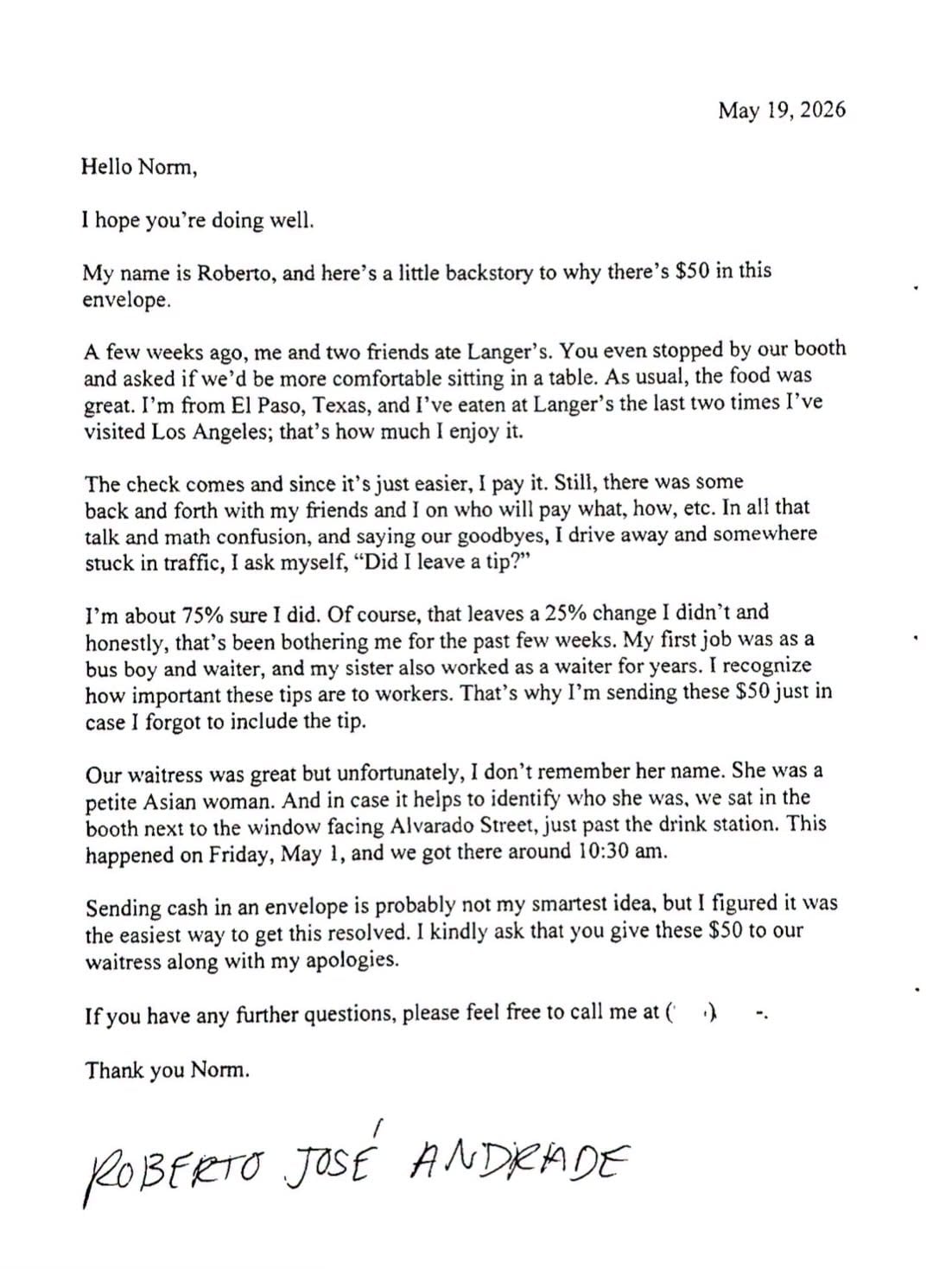 La carta enviada al famoso restaurante de Los Ángeles