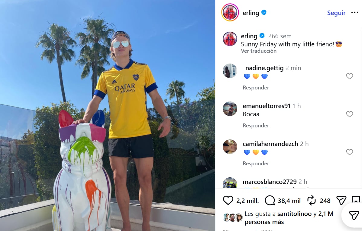 Erling se mostró con la camiseta de Boca en sus redes sociales