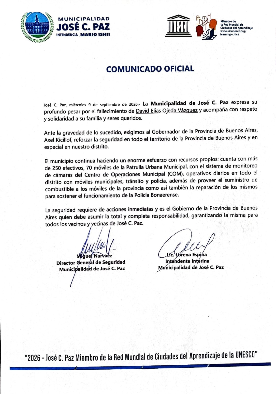 Comunicado de la municipalidad de José C. Paz