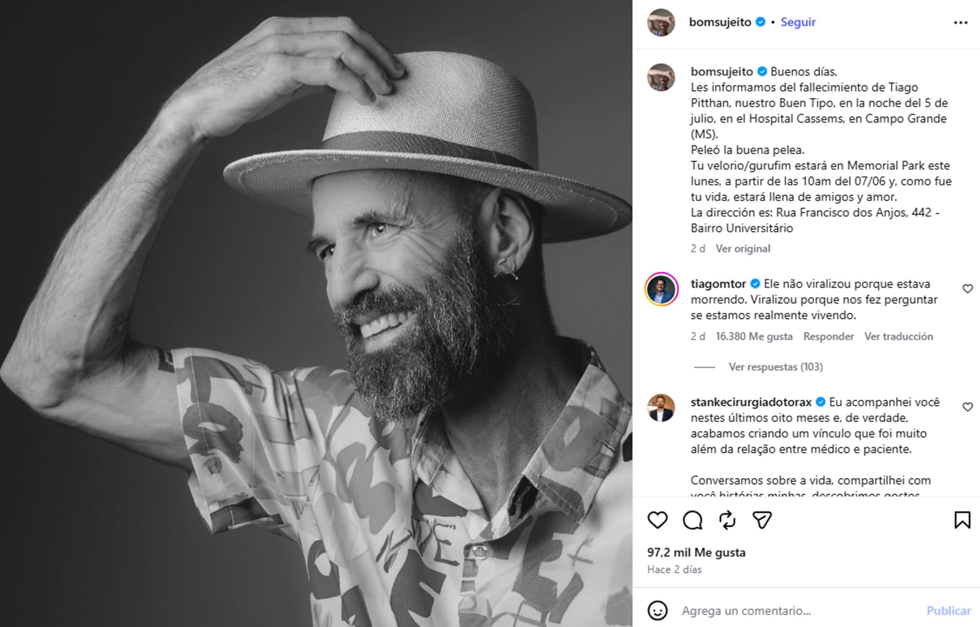 El anuncio oficial sobre su fallecimiento llegó en sus propias redes sociales