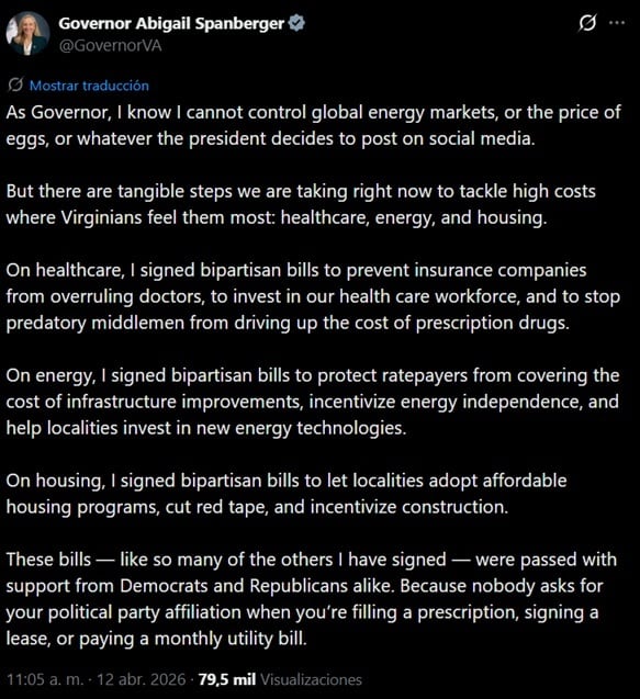 El mensaje de la gobernadora de Virginia sobre su plan para reducir costos en salud, vivienda y energía