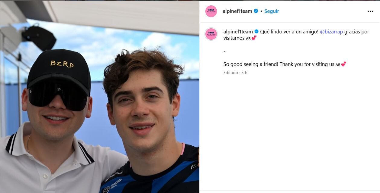 La cuenta oficial de Alpine reflejó con calidez la relación entre Bizarrap y Colapinto (Foto: Instagram @alpinef1team)
